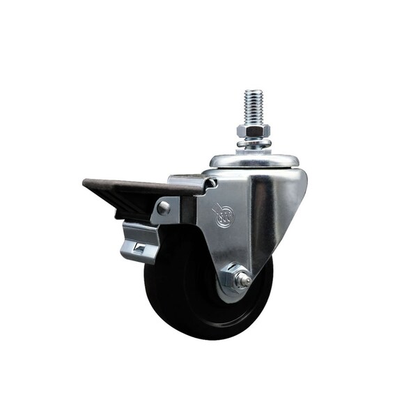 3 Inch Soft Rubber 12 Inch Threaded Stem Caster with Brake